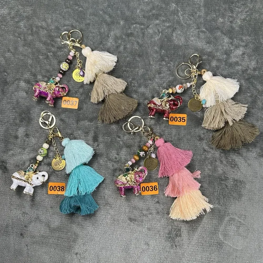 Bag charm Keychain Red Elephant Metal enamel bohemian Tassel BC0035